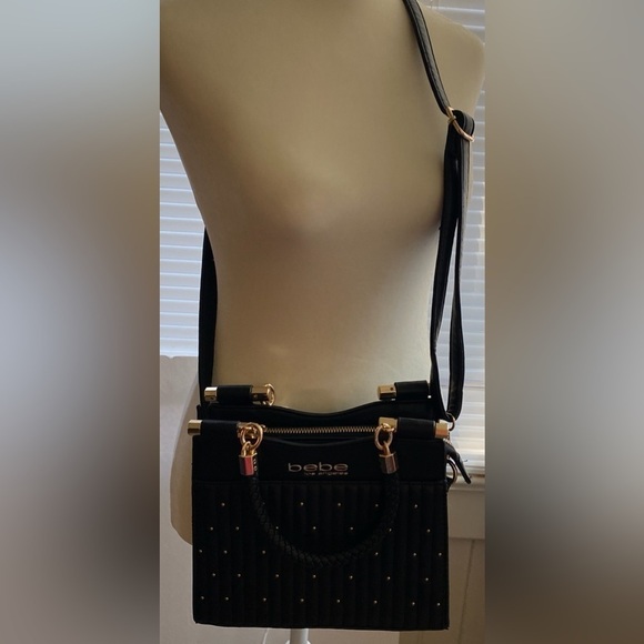 BEBE LOS ANGELES Aliyah Stud Shopper Medium Black with Gold Hardware Crossbody - Picture 4 of 5